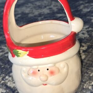 Santa Claus Ceramic Holiday Basket 7.5" Candy Dish Or Planter